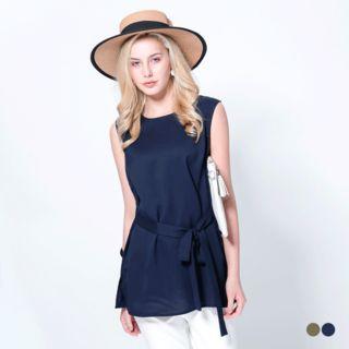 Round Neck Waist Tie Sleeveless Top