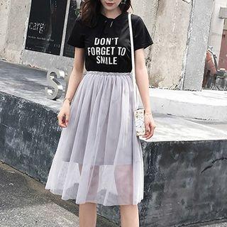 Mock Two Piece Lettering Short Sleeve Mesh Dress