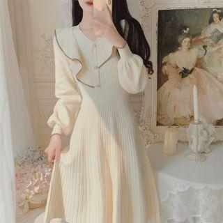 Long-sleeve Ruffle Trim Ribbed Knit Midi A-line Dress