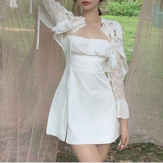 Open-front Lace Cropped Jacket / Spaghetti Strap Mini A-line Dress