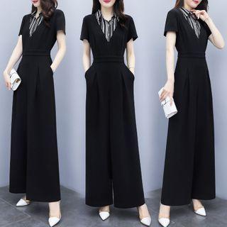 Set: Short-sleeve Striped Shirt + Wide Leg Jumpsuit
