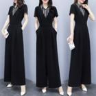 Set: Short-sleeve Striped Shirt + Wide Leg Jumpsuit
