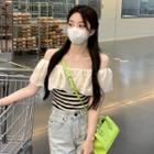 Off-shoulder Shirred Striped T-shirt