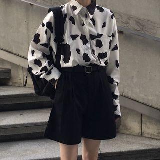 Printed Shirt / High-waist Plain Shorts / Square Buckle Faux Belt