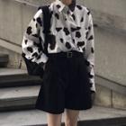 Printed Shirt / High-waist Plain Shorts / Square Buckle Faux Belt