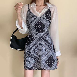 Long-sleeve Sheer Shirt / Spaghetti Strap Paisley Print A-line Mini Dress