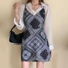 Long-sleeve Sheer Shirt / Spaghetti Strap Paisley Print A-line Mini Dress