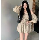 Set: Off-shoulder Ruffled Crop Top + Wide-leg Shorts Khaki - One Size