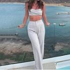 Set: Plain Cropped Camisole + Plain High Waist Straight Cut Pants