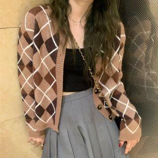 Argyle Color Block Cardigan Brown - One Size