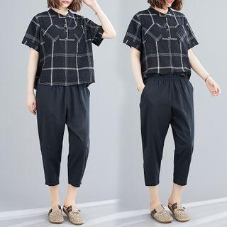 Set : Plaid Short-sleeve Shirt + Plain Harem Pants