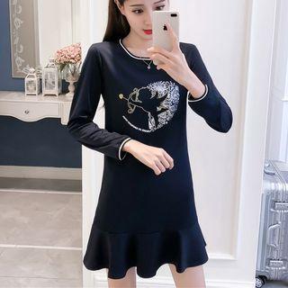 Long-sleeve Angel Print Mini A-line Dress
