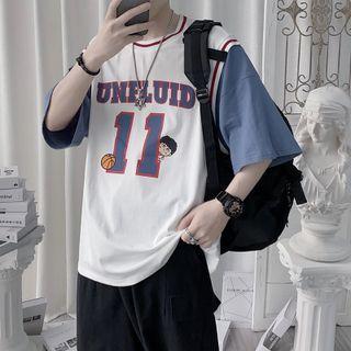 Elbow-sleeve Mock Two-piece Number Print T-shirt