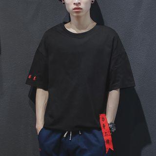 Elbow-sleeve Strap-side Embroidery T-shirt