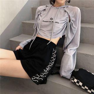 Cutout Drawstring Long-sleeve Top / Embroidery High-waist Wide-leg Shorts