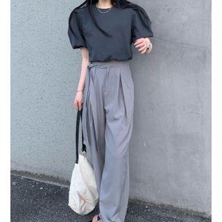 Puff-sleeve Plain Cropped Top / Wide-leg Plain Pants