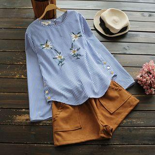 Buttoned Embroidery Striped Blouse