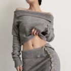 Off-shoulder Long-sleeve Plain Knit Cropped Sweater