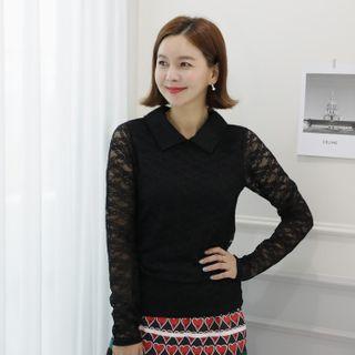 Sheer-sleeve Collared Lace Top