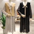 Set: Knit Vest + Long-sleeve Floral Print Midi Dress
