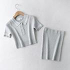 Set: Short-sleeve Contrast Trim Knit Top + Mini Pencil Skirt