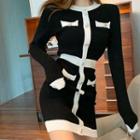 Long-sleeve Contrast Trim Mini Knit Dress Black - One Size