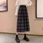 Elastic-waist Plaid A-line Midi Skirt