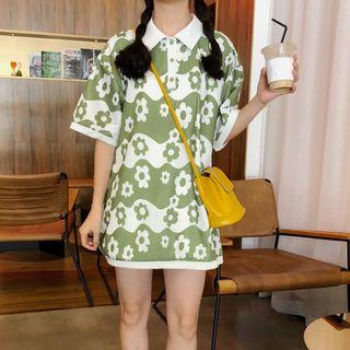 Contrast Trim Floral Printed Polo Dress Green - One Size