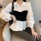 Mock Two-piece Two-tone Panel Long-sleeve Blouse