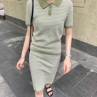 Set: Short-sleeve Pattern Knit Top + Skirt