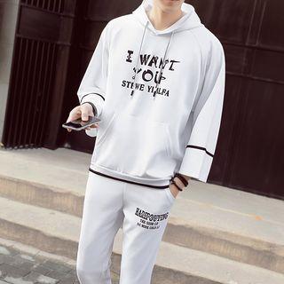 Set: 3/4-sleeve Lettering Hoodie + Sweatpants