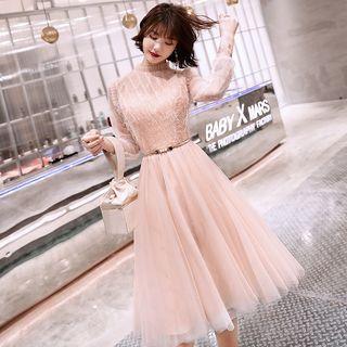 Long-sleeve Mesh Midi Prom Dress