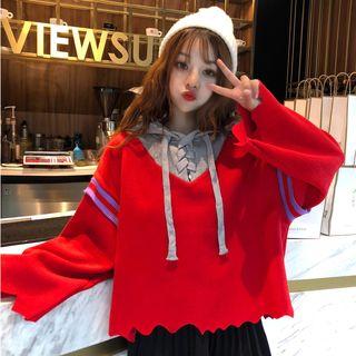 Knit Panel Lace-up Hoodie
