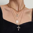 Lock & Cross Rhinestone Pendant Layered Necklace