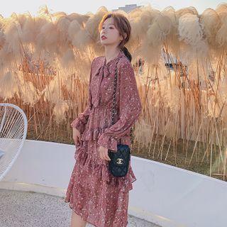 Long Sleeve Floral Print Ruffled Chiffon Dress