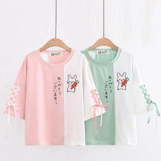 Short-sleeve Rabbit Print Lace Up T-shirt