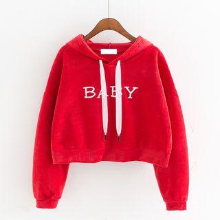 Lettering Embroidered Velvet Cropped Hoodie