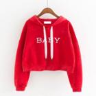 Lettering Embroidered Velvet Cropped Hoodie