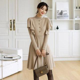 Mock-neck Ruffle-detail Knit Dress Beige - One Size