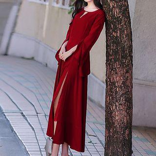 Long-sleeve Chiffon Slit Midi Dress