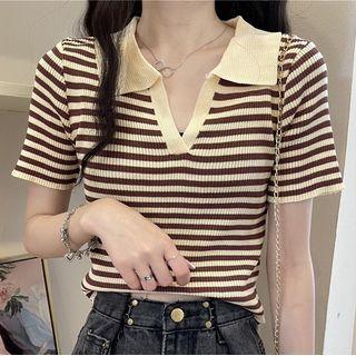 V-neck Lapel Stripe T-shirt