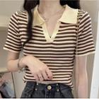 V-neck Lapel Stripe T-shirt