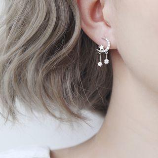 925 Sterling Silver Rhinestone Moon & Star Fringed Earring 1 Pair - As Shown In Figure - One Size