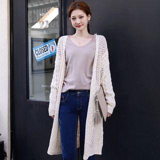 Drop-shoulder Eyelet-knit Long Cardigan