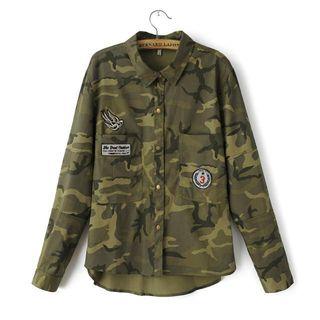 Long-sleeve Applique Camouflage-print Blouse