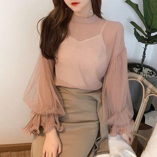 Set: Balloon-sleeve Chiffon Blouse + Camisole