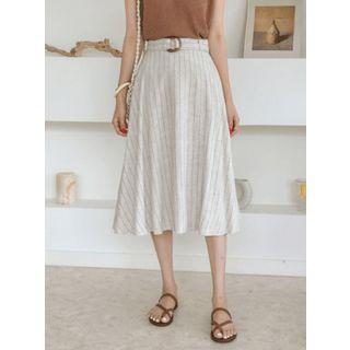Band-waist Striped Linen Blend Skirt With Belt