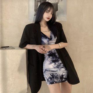 Tie-dyed Spaghetti-strap Mini Sheath Dress / Elbow-sleeve Blazer