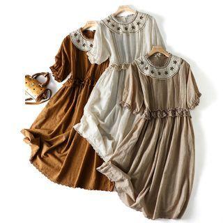 Puff-sleeve Round Neck Embroidered Dress