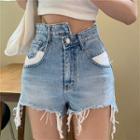 Asymmetric High-waist Fray-hem Denim Shorts